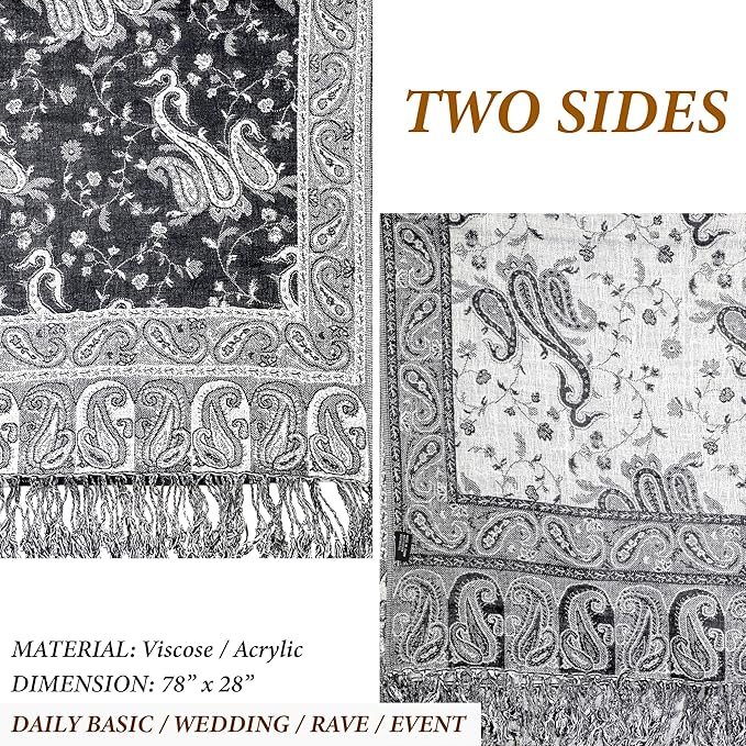 Achillea Reversible Paisley Pashmina Rave Scarf – Exotic Indian Shawls and Wraps for Evening Dresses, Festivals, All Seasons