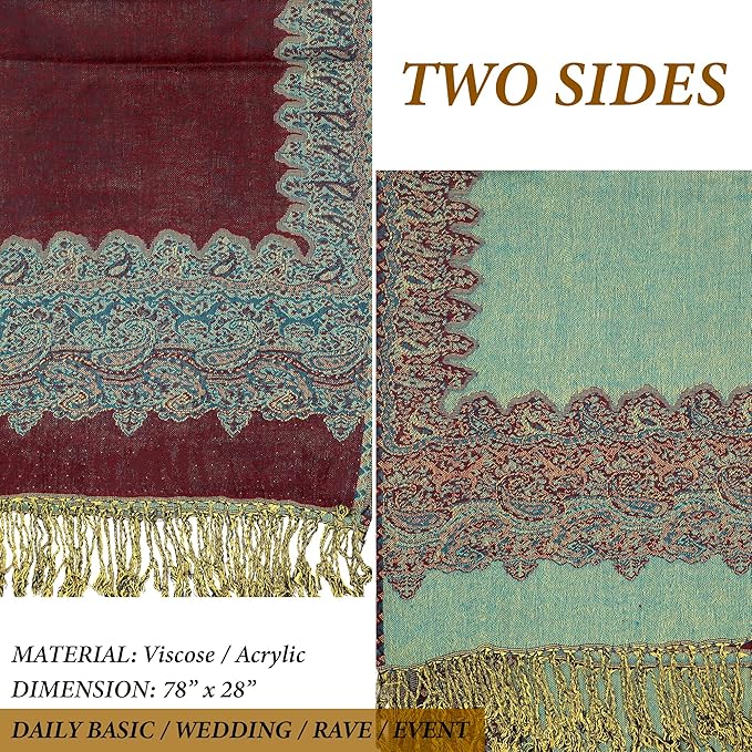 Achillea Reversible Paisley Pashmina Rave Scarf – Exotic Indian Shawls and Wraps for Evening Dresses, Festivals, All Seasons