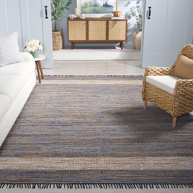 SAFAVIEH Area Rug 8x10 - Cape Cod Collection - Large - Light Blue, Handmade Denim & Jute, Ideal for Living Room, Bedroom, Office, Dining Space (CAP153L)
