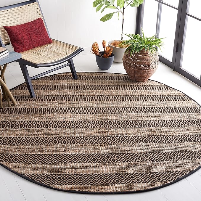 SAFAVIEH Natural Fiber Collection 7' Round Black/Natural NFB653Z Handmade Boho Farmhouse Rustic Jute & Cotton Jute Area Rug