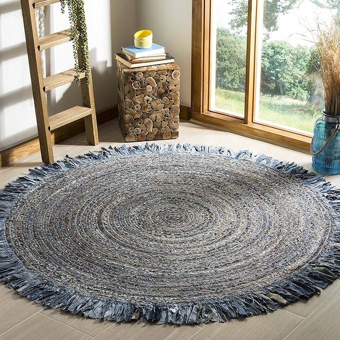 SAFAVIEH Cape Cod Collection Area Rug - 10' Round, Ivory & Denim, Handmade Boho Fringe Jute & Cotton, Ideal for High Traffic Areas in Living Room, Bedroom (CAP206D)