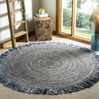 SAFAVIEH Cape Cod Collection Area Rug - 10' Round, Ivory & Denim, Handmade Boho Fringe Jute & Cotton, Ideal for High Traffic Areas in Living Room, Bedroom (CAP206D)