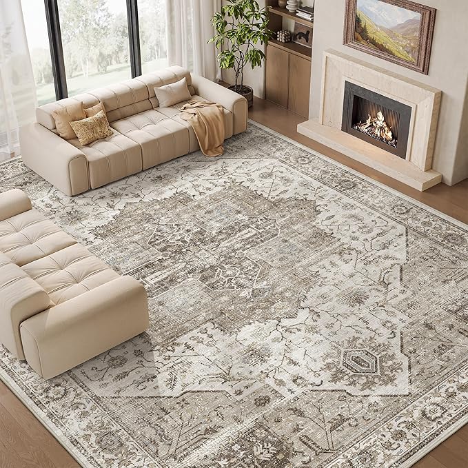 8x10 Area Rugs for Living Room, Vintage Washable Rug with Non-Slip Backing, Stain Resistant Large Area Rug for Dining Room, Soft Rugs for Bedroom (White/Brown, 8'x10')