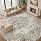 8x10 Area Rugs for Living Room, Vintage Washable Rug with Non-Slip Backing, Stain Resistant Large Area Rug for Dining Room, Soft Rugs for Bedroom (White/Brown, 8'x10')