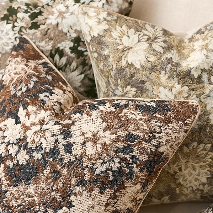 Yangest Neutral Floral Pillow Cover 18 x18 Inches, Vintage Chenille Square Throw Pillow Cover Soft Decorative Farmhouse Accent Couch Pillow Cover for Living Room Bedroom, Coffee Brown