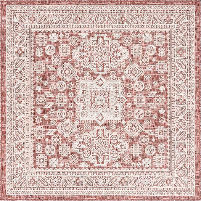 Rugs.com Outdoor Aztec Collection Rug – 5 Ft Square Rust Red Flatweave Rug Perfect for Living Rooms, Kitchens, Entryways