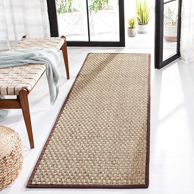 SAFAVIEH Natural Fiber Collection Runner Rug - 2'6" x 12', Natural & Dark Brown, Seagrass, Basketweave Pattern with Border (NF114K)