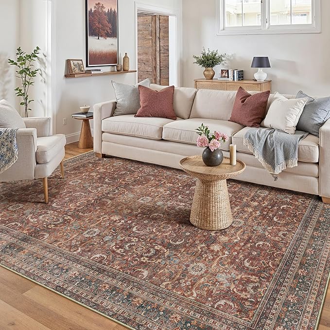 HUGEAR Area Rug 5x7 Vintage Brick Red Machine Washable Living Room Rugs Distressed Retro Floral Vacuumable Low Pile Carpet Bedroom Office Dining Room Laundry Room Non Slip Soft Lightweight