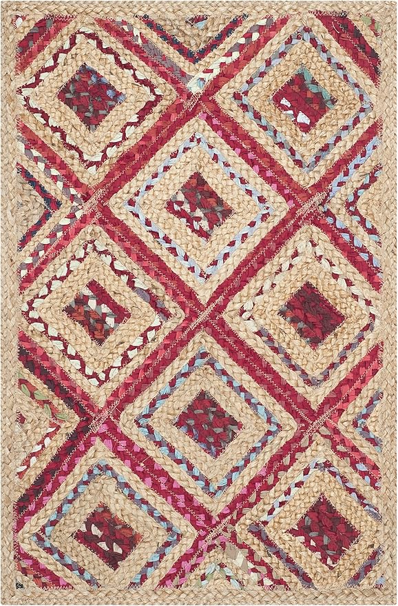 SAFAVIEH Cape Cod Collection Area Rug - 9' x 12', Natural & Red, Handmade Flat Weave Diamond Braided Jute & Denim, Ideal for High Traffic Areas in Living Room, Bedroom (CAP354B)