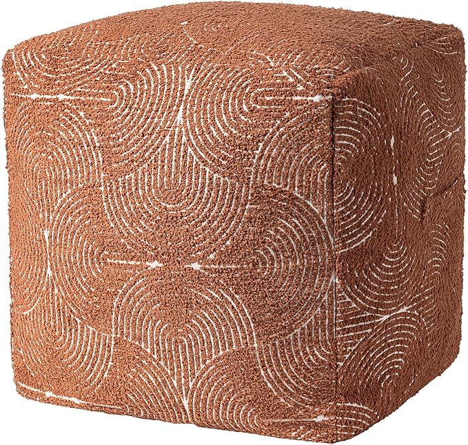 AELS Unstuffed Boho Textured Pouf Cover, Organic Modern Mid Century Rainbow Tufted Storage Bean Bag Cubes, Farmhouse Square Ottoman Pouf Foot Rest Footstool, 18"x18"x18", Cover ONLY, Burnt Orange