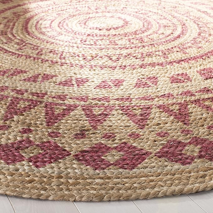 SAFAVIEH Natural Fiber Round Collection 4' Round Pink NF802P Handmade Boho Mandala Braided Jute Area Rug