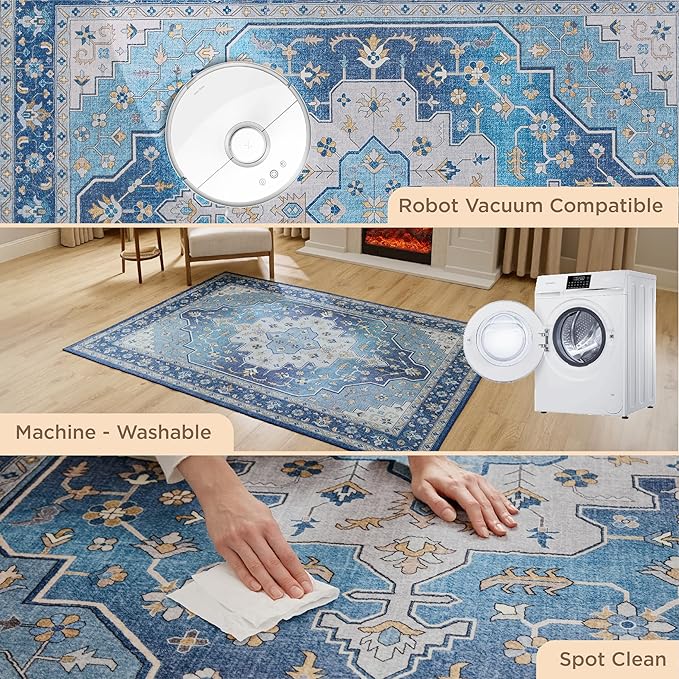 Bedsure 3x5 Area Rugs for Living Room, Machine Washable Rugs, Non-Slip Backing, Non-Shedding, Vintage Low Pile Easy Care Throw Carpet for Bedroom Dining Room, Medium Gray