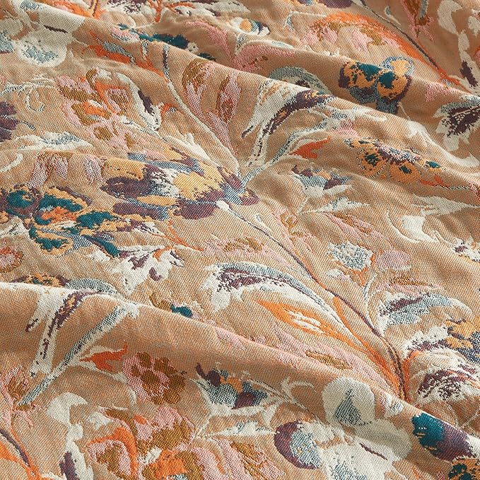 Boho Throw Blanket for Bed 60”x80”, 100% Cotton Woven Blanket for Couch Sofa, Ultra Soft 4-Layer Muslin Quilt with Floral Printed, Farmhouse Bed Blanket/Cover for Living Room Decor