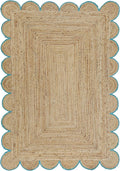 Scalloped Natural Jute Area Rug, Teal Trim, 2'6"x14'