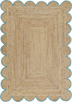 Scalloped Natural Jute Area Rug, Teal Trim, 5'x7'