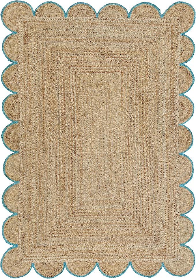 Scalloped Natural Jute Area Rug, Teal Trim, 3'x5'