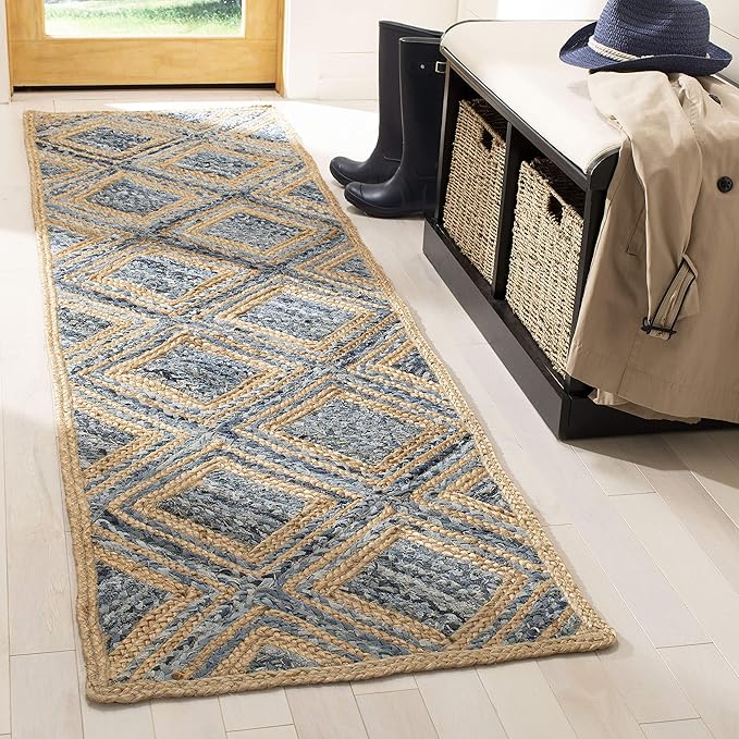 SAFAVIEH Cape Cod Collection Runner Rug - 2'3" x 8', Natural & Blue, Handmade Flat Weave Diamond Braided Jute & Denim, Ideal for High Traffic Areas in Living Room, Bedroom (CAP354A)