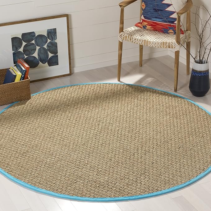 SAFAVIEH Area Rug 6' Round - Natural Fiber Collection - Natural & Turquoise, Seagrass, Basketweave Pattern with Border (NF114S)