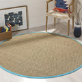 SAFAVIEH Area Rug 6' Round - Natural Fiber Collection - Natural & Turquoise, Seagrass, Basketweave Pattern with Border (NF114S)