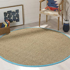 SAFAVIEH Area Rug 6' Round - Natural Fiber Collection - Natural & Turquoise, Seagrass, Basketweave Pattern with Border (NF114S)