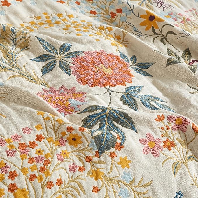 Boho Throw Blanket for Bed 60”x80”, 100% Cotton Woven Blanket for Couch Sofa, Ultra Soft 4-Layer Muslin Quilt with Floral Printed, Farmhouse Bed Blanket/Cover for Living Room Decor