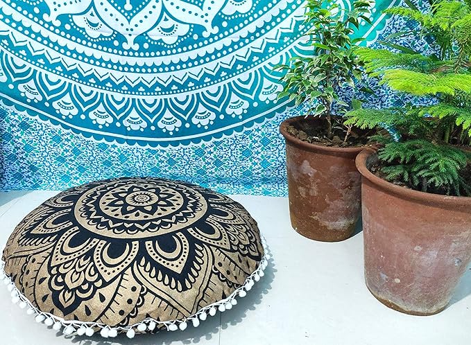 24" Black Gold Flower Mandala Barmeri Large Floor Pillow Cover Cushion Meditation Seating Ottoman Throw Cover Hippie Decorative Zipped Bohemian Pouf Ottoman Pom Pom Cases 24 " round