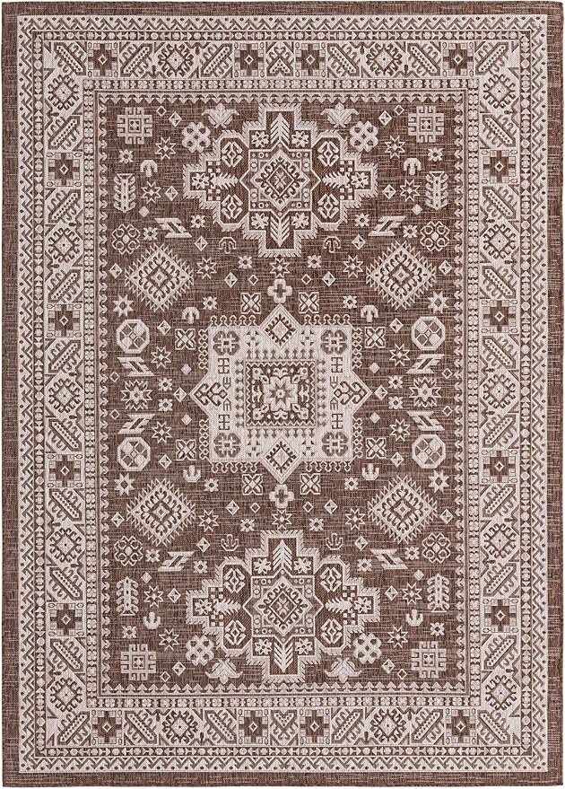 Rugs.com Outdoor Aztec Collection Rug – 7' x 10' Brown Flatweave Rug Perfect for Living Rooms, Large Dining Rooms, Open Floorplans