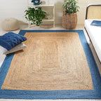 SAFAVIEH Natural Fiber Collection Accent Rug - 3' x 5', Natural & Blue, Handmade Flat Weave Boho Farmhouse Rustic Border Jute, Ideal for High Traffic Areas in Entryway, Living Room, Bedroom (NFB852M)