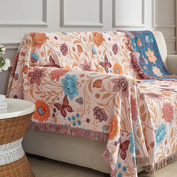 Boho Throw Blanket for Bed 60”x80”, 100% Cotton Woven Blanket for Couch Sofa, Ultra Soft 4-Layer Muslin Quilt with Floral Printed, Farmhouse Bed Blanket/Cover for Living Room Decor