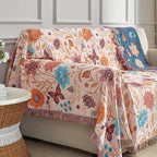 Boho Throw Blanket for Bed 90”x98”, 100% Cotton Woven Blanket for Couch Sofa, Ultra Soft 4-Layer Muslin Quilt with Floral Printed, Farmhouse Bed Blanket/Cover for Living Room Decor