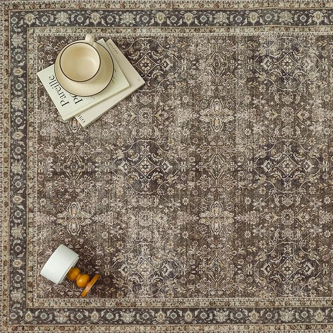 8x10 Area Rug for Living Room Brown Vintage Washable Bedroom Carpet Traditional Distressed Soft Non Slip Indoor Large Accent Rug Retro Thin Low Pile Floor Cover for Dining Room Playroom