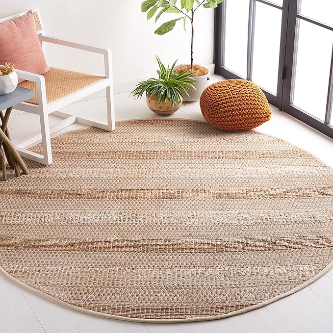 SAFAVIEH Natural Fiber Collection Area Rug - 7' Round, Ivory & Natural, Handmade Flat Weave Stripe Jute & Cotton, Ideal for High Traffic Areas in Living Room, Bedroom (NFB652A)