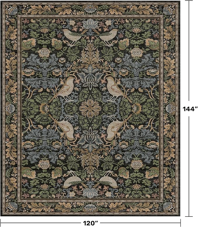 Vintage Green Rug for Extra Large Bedroom - Washable 10x12 Area Rug for Living Room, Dining Room Under Table, Boho Bird Decor, Soft Low Pile Non-Slip & Stain Resistance Brown Accent Carpet
