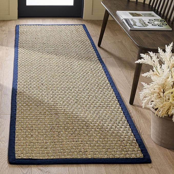 SAFAVIEH Natural Fiber Collection Runner Rug - 2'6" x 14', Natural & Blue, Seagrass, Basketweave Pattern with Border (NF114E)