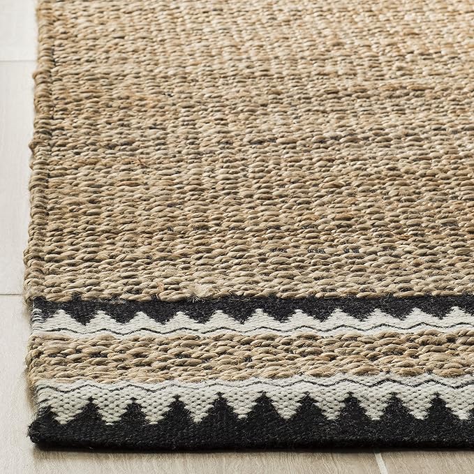 SAFAVIEH Natural Fiber Collection Area Rug - 9' Square, Natural & Black, Handmade Farmhouse Boho Coastal Rustic Jute, Ideal for High Traffic Areas in Living Room, Bedroom (NF874B)