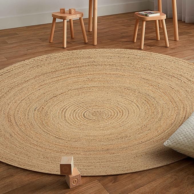 Jute Braided Area Rug, Natural - 4 Feet Round, Boho Neutral Rattan Circle Hand Woven Rugs for Living Room, Bedroom, Nursery, Kitchen, Indoor Use | Farmhouse Rustic Patio Floor Mat for Home Décor
