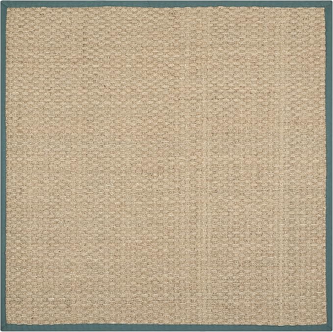 SAFAVIEH Area Rug 6' Square - Natural Fiber Collection - Natural & Light Blue, Seagrass, Basketweave Pattern with Border (NF114M)