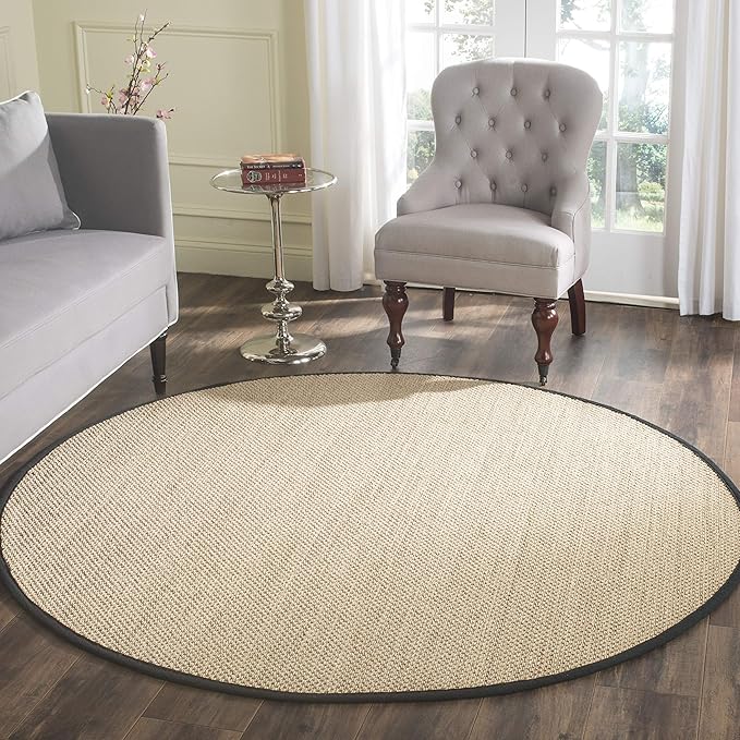 SAFAVIEH Area Rug 4' Round - Natural Fiber Collection - Maize & Black, Sisal, Woven Design with Border (NF141A)
