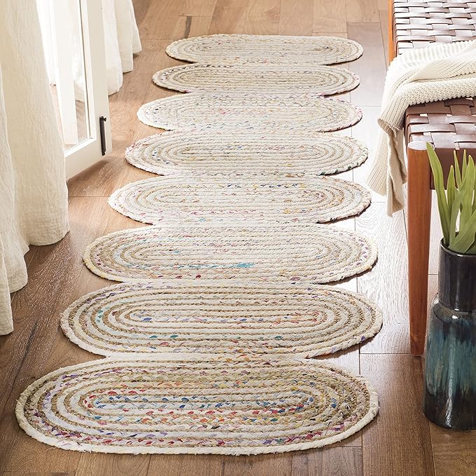 SAFAVIEH Cape Cod Collection 2'3" x 8' Ivory/Multi CAP208A Handmade Braided Jute & Cotton Runner Rug