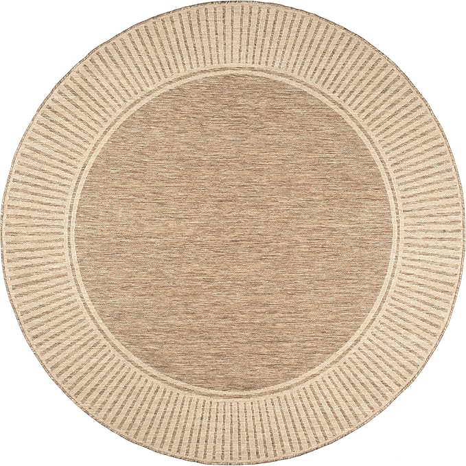 Nuloom Asha Light Brown/Ivory, 6'7" Round, Casual, Striped Border, Soft and Cozy, High Traffic, Stain Resistant, Easy Clean, Durable Area Rug for Indoor/Outdoor Patio, Deck, Porch, Garden, Courtyard