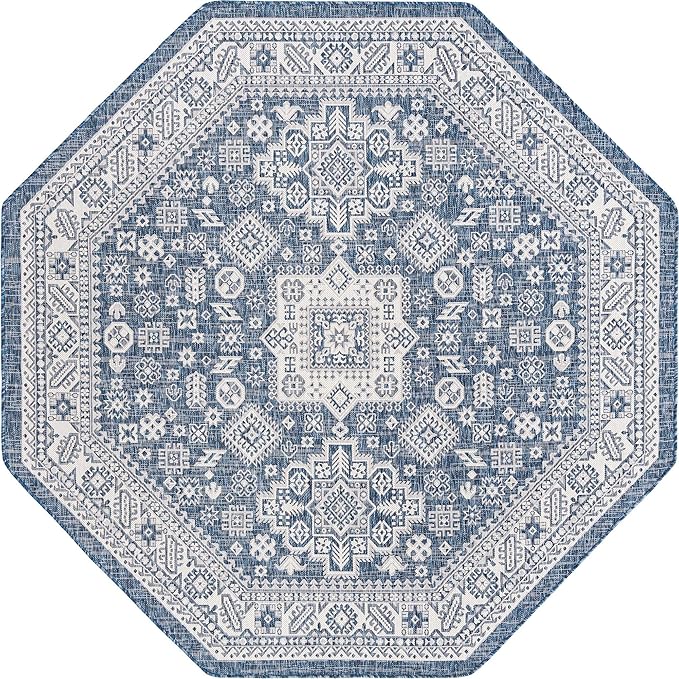 Rugs.com Outdoor Aztec Collection Rug – 8 Ft Octagon Blue Flatweave Rug Perfect for Living Rooms, Kitchens, Entryways