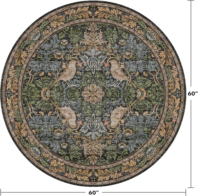 Vintage 5ft Round Rug for Reading Corner, Bedroom, Farmhouse Dining Room, Soft Ultra-Thin Non-Slip Washable Rug, Forest Green Bird Floral Décor for Kitchen & Nursery