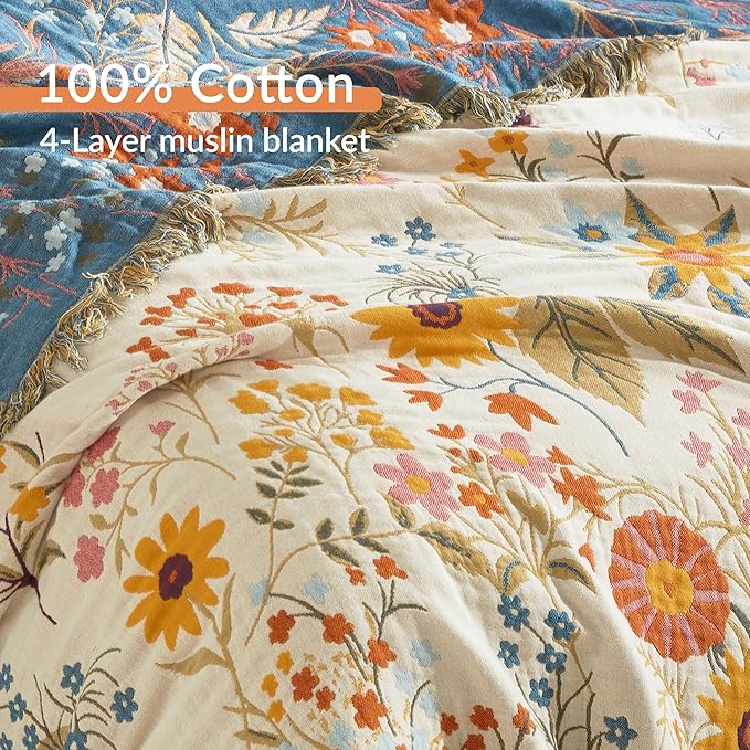 Boho Throw Blanket for Bed 90”x98”, 100% Cotton Woven Blanket for Couch Sofa, Ultra Soft 4-Layer Muslin Quilt with Floral Printed, Farmhouse Bed Blanket/Cover for Living Room Decor