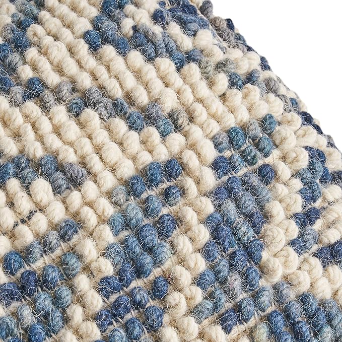 GDFStudio Boho Wool and Cotton LargePouf Ottoman Foot Stool - Bean Bag Floor Chair - Foot Rest Couch for Living Room Bedroom, White and Blue