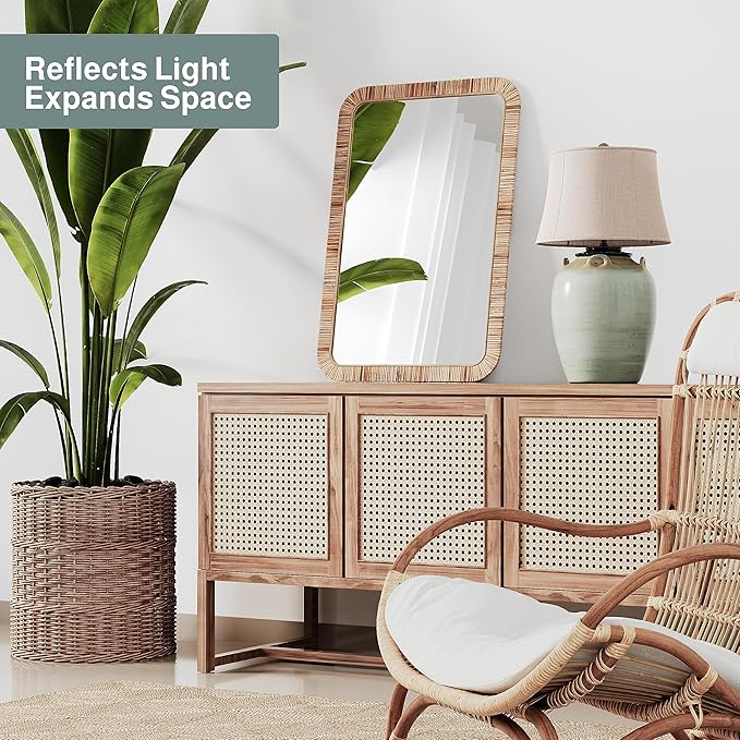 Barnyard Designs Rattan Bathroom Mirror – Rustic Farmhouse Style Handmade Wicker Rattan Frame - Boho Mirror for Nursery Wall Décor (24" x 36", Rectangular)
