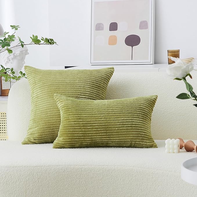 Home Brilliant Set of 2 Corduroy Spring Pillow Covers Sofa Pillows Decorative Striped Velvet Floor Pillows for Chair Couch Decor, 55cm, 22 x 22 Inch, Grass Green