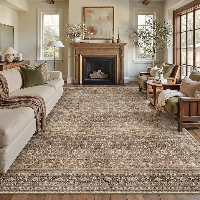 HUGEAR Area Rug 6x9 Vintage Brown Machine Washable Living Room Rugs Distressed Retro Floral Vacuumable Low Pile Carpet Bedroom Office Dining Room Laundry Room Non Slip Soft Lightweight