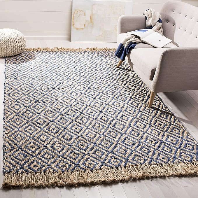 SAFAVIEH Natural Fiber Collection Area Rug - 9' x 12', Tropical Blue & Natural, Handmade Boho Diamond Tassel Jute, Ideal for High Traffic Areas in Living Room, Bedroom (NF266D)