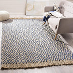 SAFAVIEH Natural Fiber Collection Area Rug - 6' Square, Tropical Blue & Natural, Handmade Boho Diamond Tassel Jute, Ideal for High Traffic Areas in Living Room, Bedroom (NF266D)