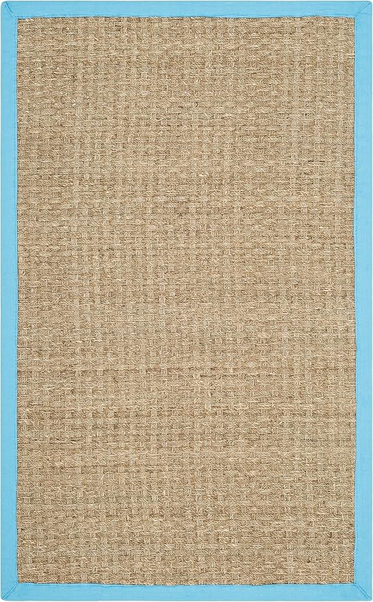 SAFAVIEH Area Rug 3x5 - Natural Fiber Collection - Natural & Turquoise, Seagrass, Basketweave Pattern with Border (NF114S)